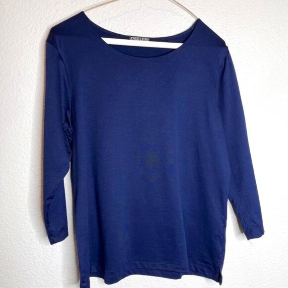 A'Nue Ligne Large Boat Neck 3/4 Sleeve Side Slits Top Navy - Picture 1 of 11
